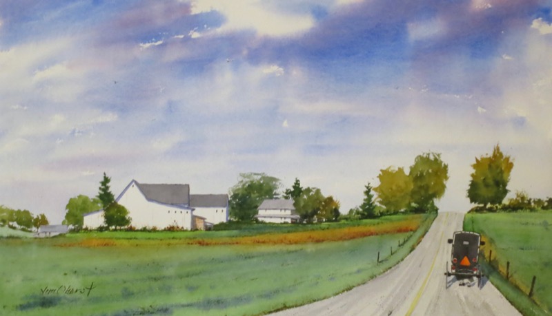 landscape, amish, country, ohio, buggy, serene, rural, original watercolor painting, oberst